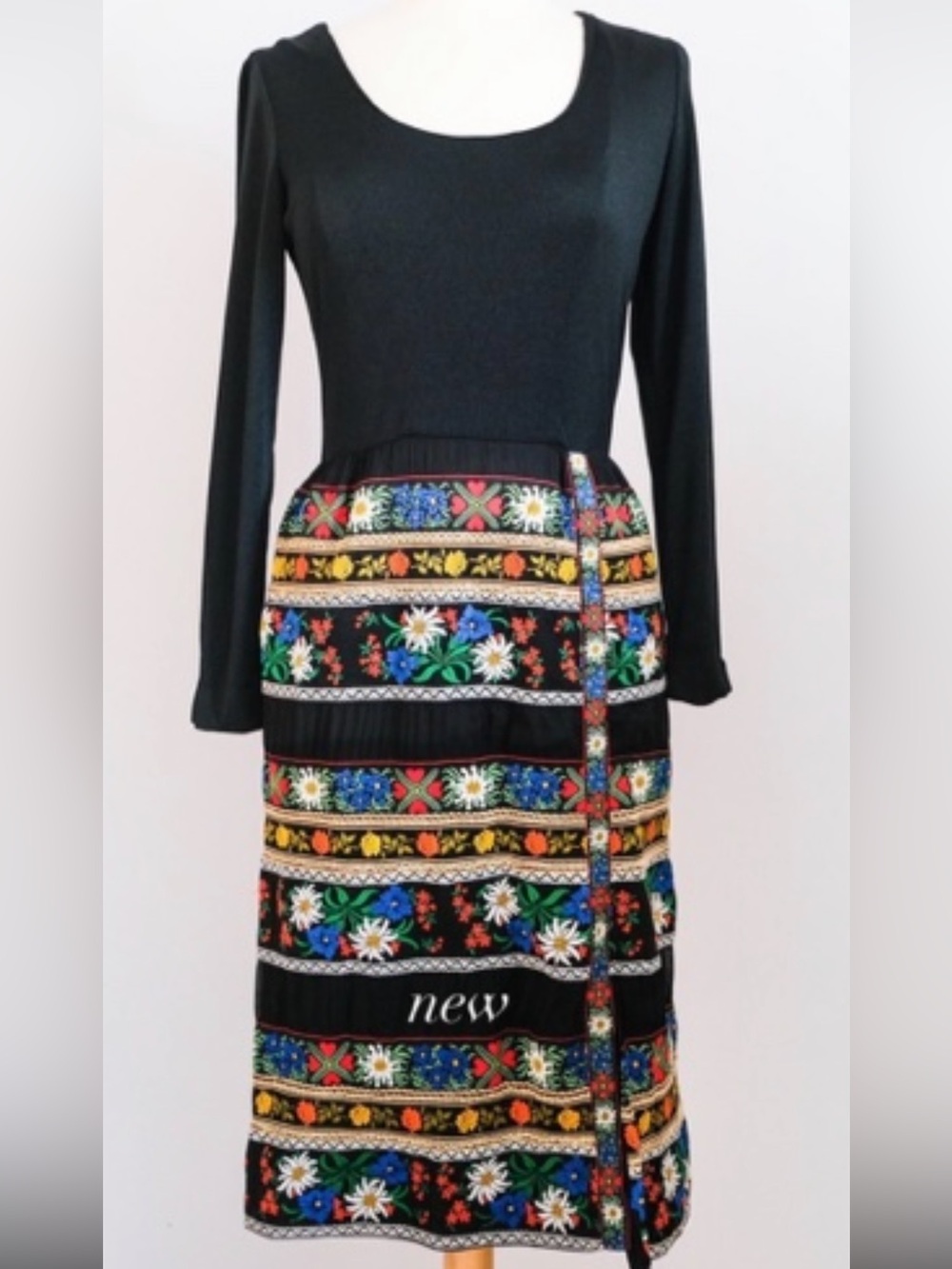70’s handmade Black Long-Sleeve Dress with Multicolor Floral embroidery on skirt